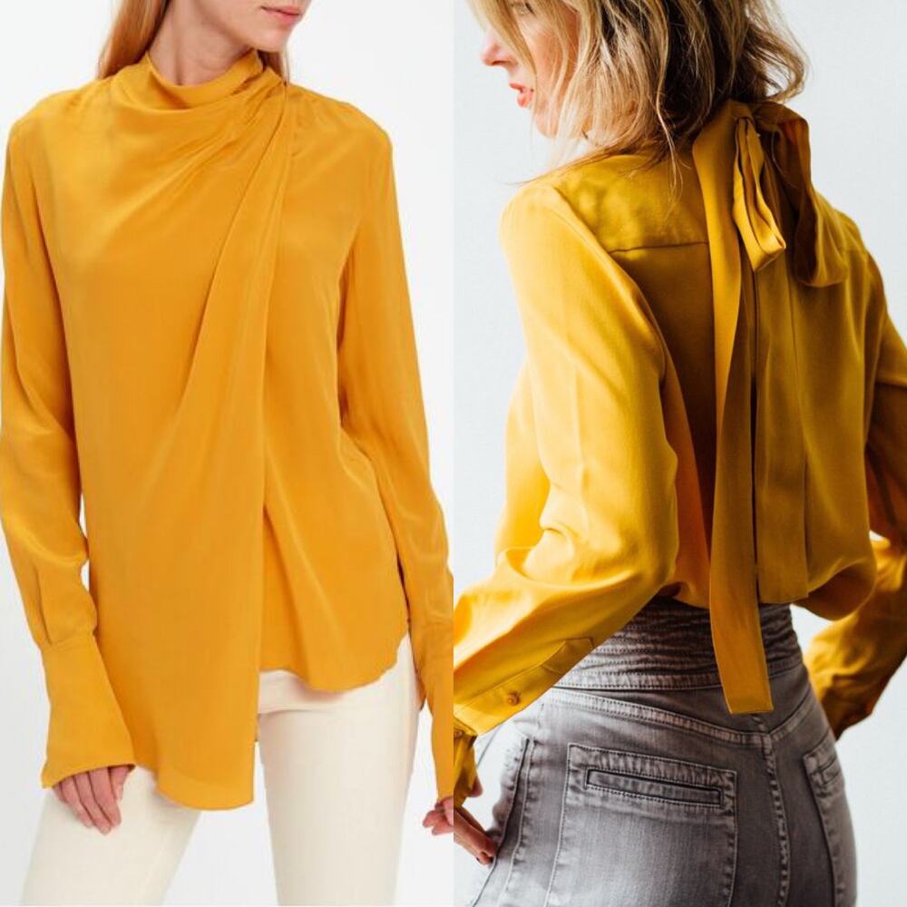 A.L.C. Sophie Silk Goldenrod Drape Tie Back Blouse Top Size 4 EUC